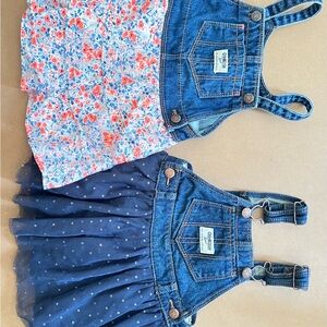 OshKosh B'gosh Denim Overall Dress Pair in Coral Floral & Navy